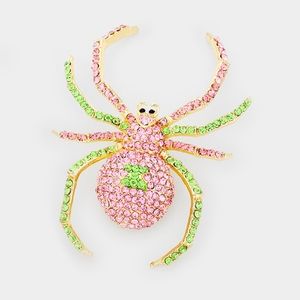 Pink & Green Rhinestone Crystal Spider Brooch Pin
